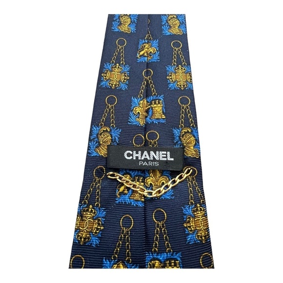 CHANEL Men's Neck Tie Blue Chain Print Silk Italy - Picture 4 of 7